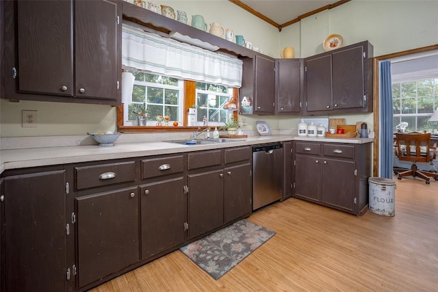 kitchen featuring dishwasher, crown molding, sink, light hardwood / wood-style flooring, and dark brown cabinetry