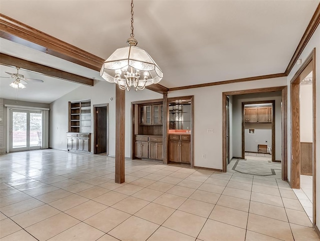 unfurnished dining area with built in features, light tile patterned flooring, lofted ceiling with beams, and ceiling fan with notable chandelier