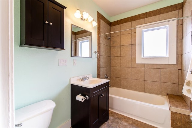 full bathroom with shower / bathtub combination with curtain, vanity, and toilet