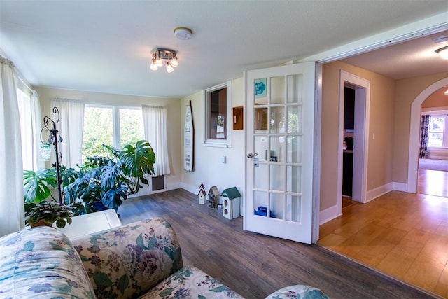 living room with a wealth of natural light and dark hardwood / wood-style flooring