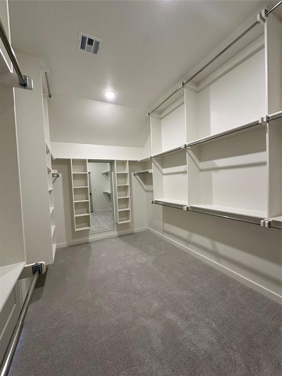 spacious closet with dark colored carpet