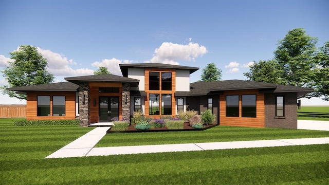 prairie-style house featuring stone siding, fence, and a front lawn