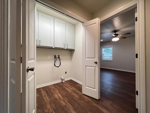 clothes washing area featuring electric dryer hookup, ceiling fan, dark hardwood / wood-style flooring, and washer hookup