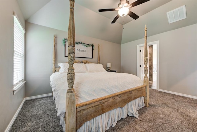 carpeted bedroom featuring vaulted ceiling and ceiling fan