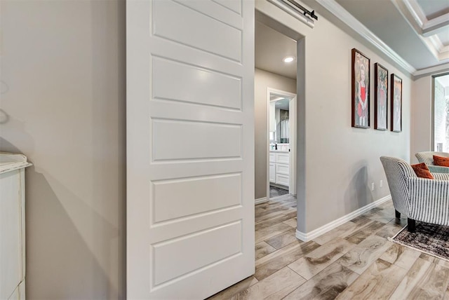 hall featuring a barn door and light hardwood / wood-style floors