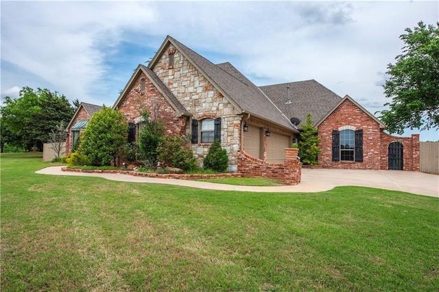 view of front of property featuring a garage and a front lawn