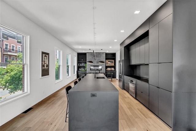 kitchen with light hardwood / wood-style flooring, a healthy amount of sunlight, a center island with sink, and sink