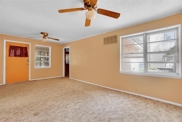 carpeted empty room with ceiling fan, plenty of natural light, and a textured ceiling