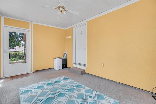 empty room with carpet, ceiling fan, and ornamental molding