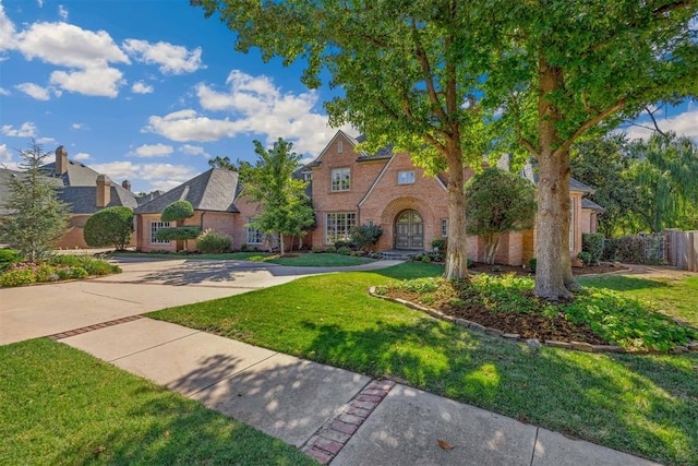 tudor-style house with a front lawn