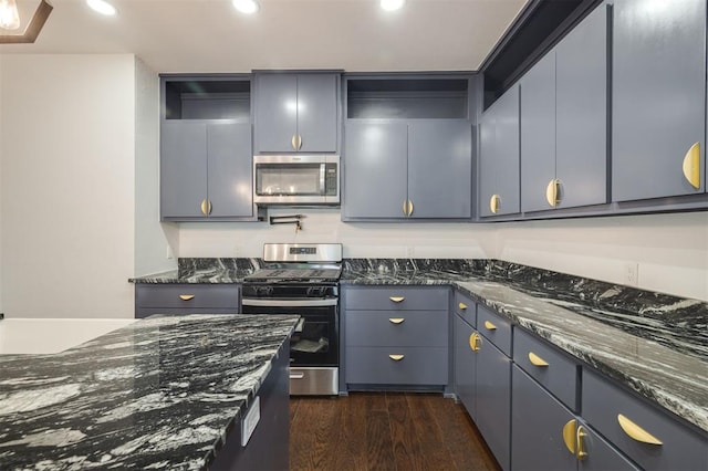 kitchen featuring dark stone countertops, dark wood-type flooring, and stainless steel appliances