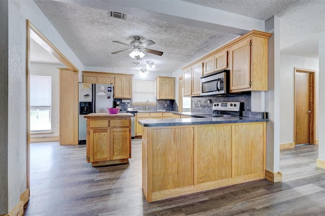 kitchen featuring light brown cabinets, dark hardwood / wood-style flooring, a textured ceiling, and appliances with stainless steel finishes