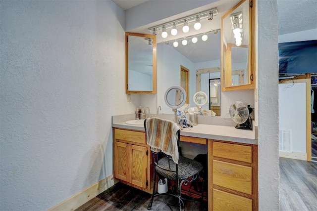 bathroom featuring vanity and wood-type flooring