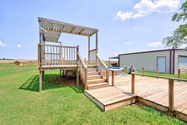 deck featuring a pergola and a lawn