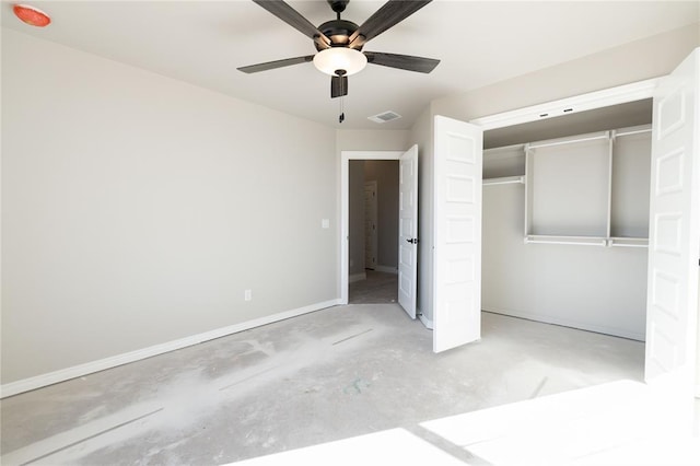 unfurnished bedroom with a closet and ceiling fan