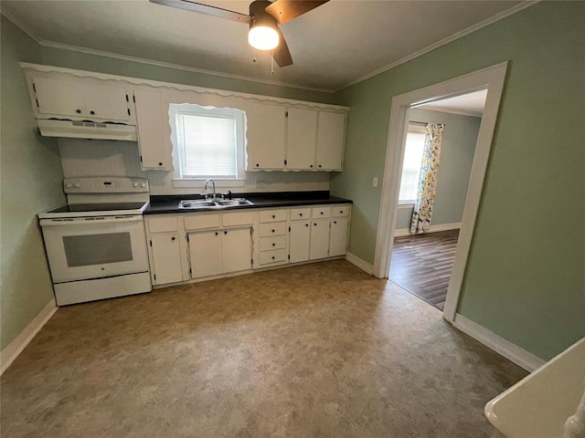 kitchen featuring white range with electric cooktop, sink, white cabinetry, and crown molding