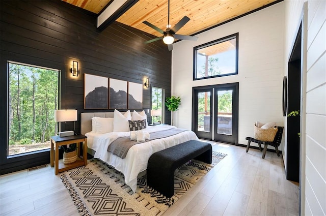 bedroom featuring wooden ceiling, high vaulted ceiling, ceiling fan, light wood-type flooring, and beamed ceiling