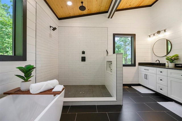 bathroom featuring vaulted ceiling with beams, vanity, and wood ceiling