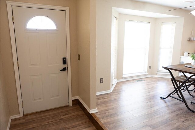 entrance foyer with hardwood / wood-style floors and ceiling fan