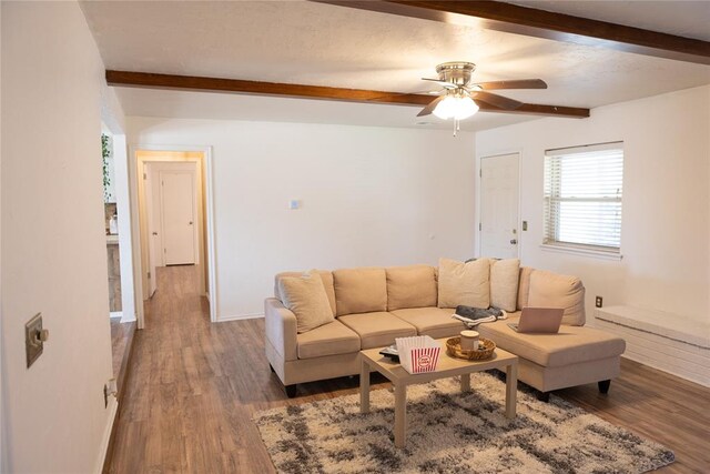 living room featuring ceiling fan, hardwood / wood-style floors, and beamed ceiling