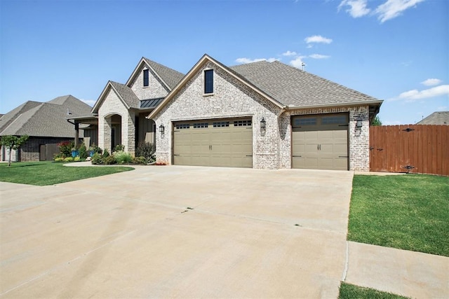 view of front of property with a garage and a front lawn