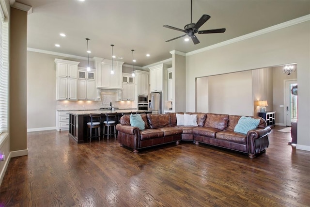 living room featuring dark hardwood / wood-style flooring, ornamental molding, and sink