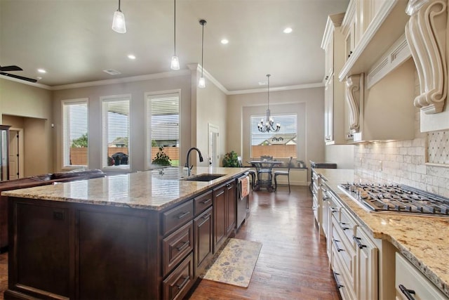 kitchen featuring dark brown cabinetry, sink, a healthy amount of sunlight, stainless steel appliances, and dark hardwood / wood-style floors