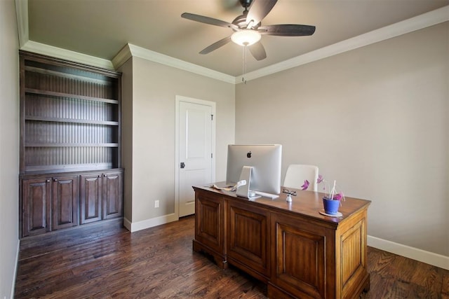 home office featuring dark hardwood / wood-style floors, ceiling fan, and ornamental molding