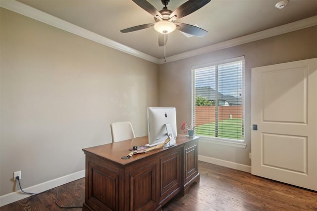 home office featuring crown molding, ceiling fan, and dark wood-type flooring