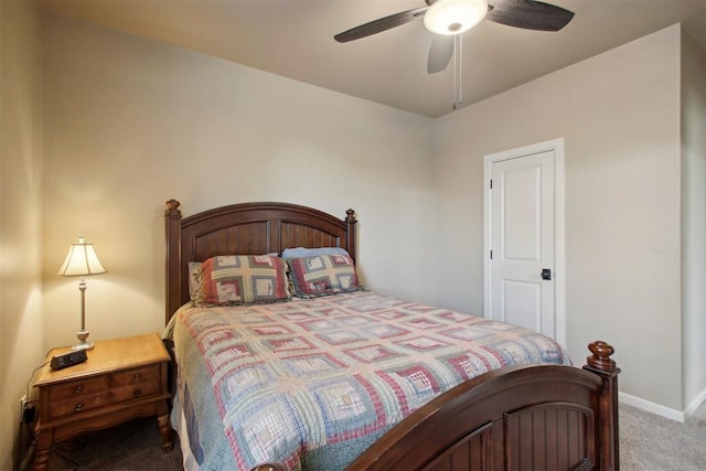 bedroom with ceiling fan and carpet floors