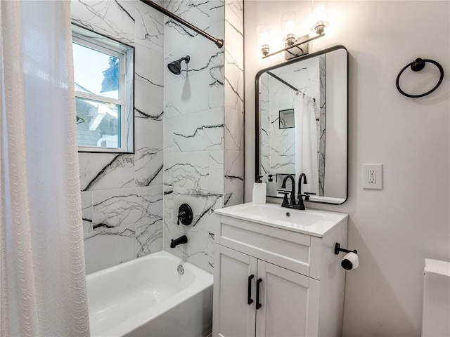 bathroom with vanity and shower / bathtub combination with curtain