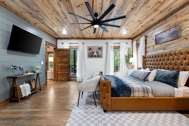 bedroom featuring wood walls, ceiling fan, wood ceiling, and wood-type flooring