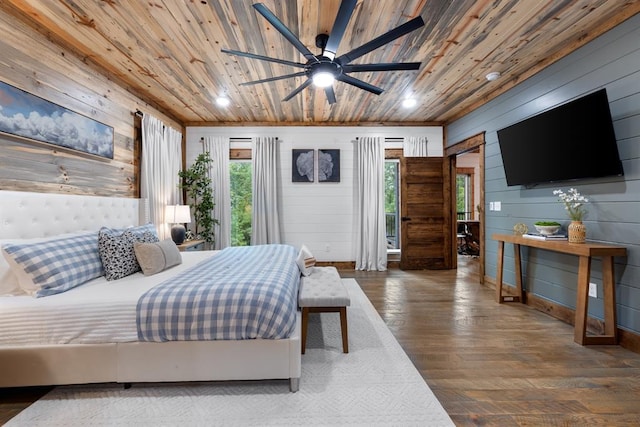 bedroom featuring wood-type flooring, ceiling fan, wood walls, and wood ceiling