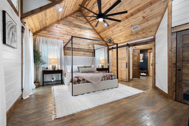 bedroom featuring dark hardwood / wood-style flooring, a barn door, wooden walls, and wood ceiling