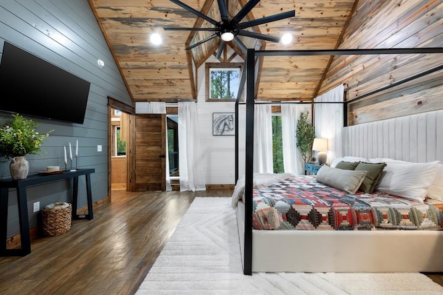 bedroom with wood walls, wooden ceiling, dark wood-type flooring, high vaulted ceiling, and ceiling fan