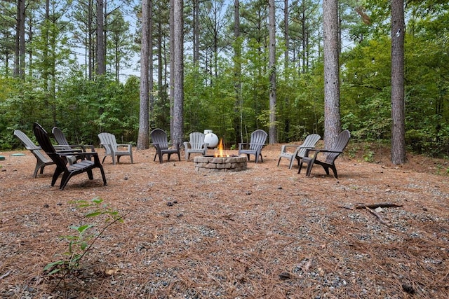 view of yard with a fire pit