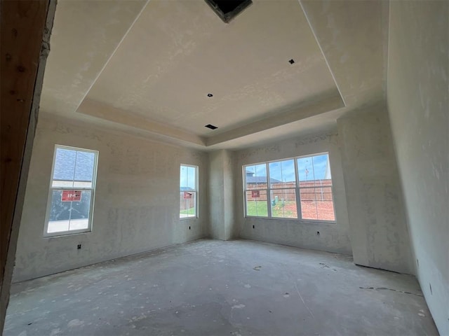 unfurnished room with a tray ceiling and plenty of natural light