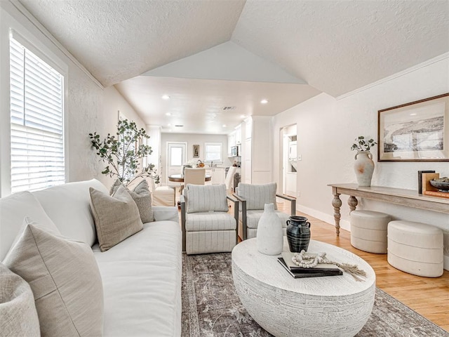 living room featuring hardwood / wood-style flooring, lofted ceiling, a textured ceiling, and a wealth of natural light