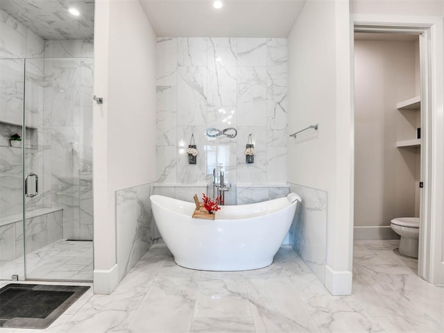 bathroom featuring built in shelves, toilet, tile walls, and shower with separate bathtub