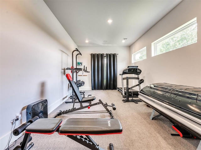 exercise room featuring light carpet