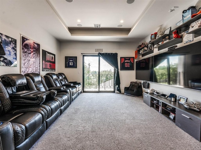 carpeted home theater featuring a raised ceiling