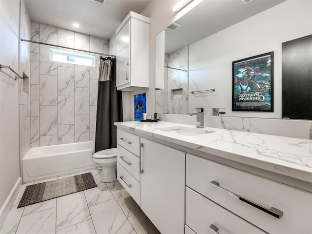 full bathroom with vanity, toilet, and shower / tub combo