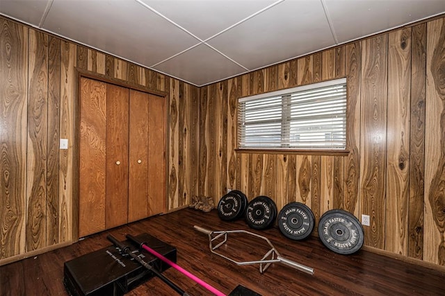 misc room featuring wooden walls and dark wood-type flooring