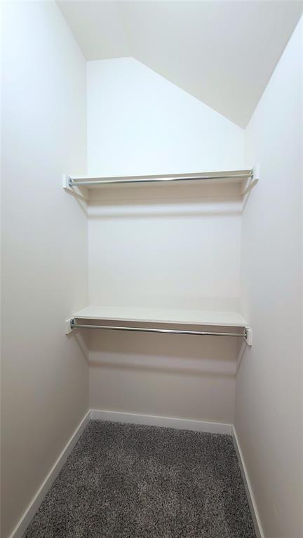 9304 SW 35th St, Oklahoma City, OK 73179 - walk in closet featuring carpet flooring and vaulted ceiling