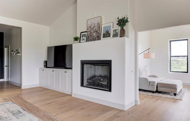 living room featuring light hardwood / wood-style floors and high vaulted ceiling