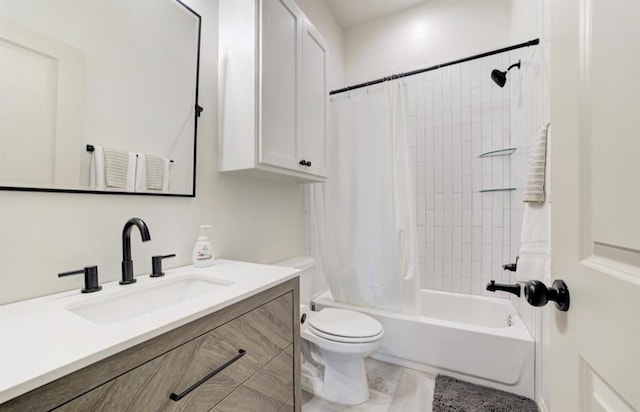 full bathroom with shower / bath combo, vanity, and toilet