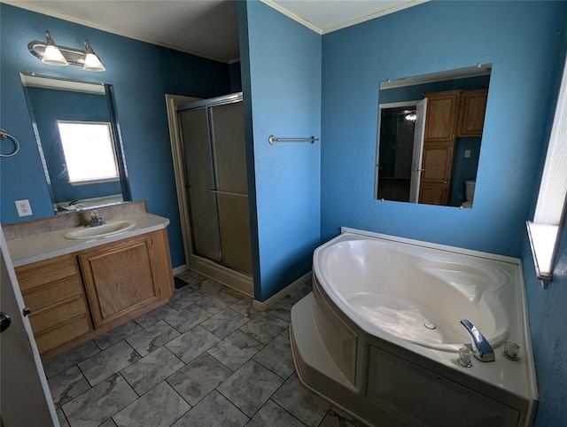 bathroom featuring plus walk in shower, vanity, and ornamental molding