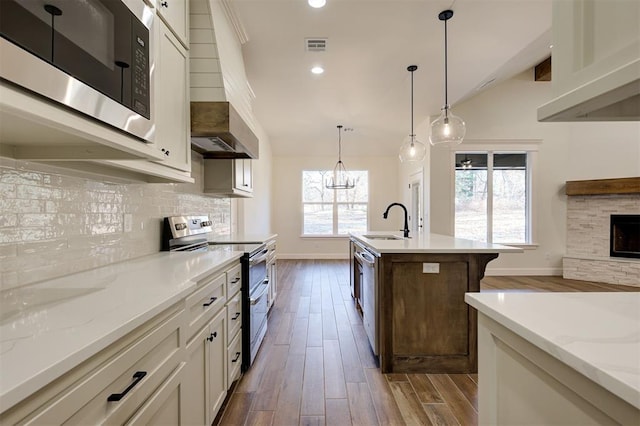 kitchen with backsplash, a wealth of natural light, dark hardwood / wood-style flooring, and stainless steel appliances