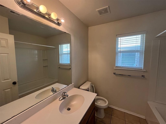 full bathroom featuring tile patterned flooring, plenty of natural light, toilet, and vanity