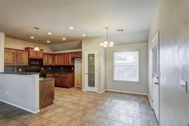 kitchen featuring an inviting chandelier, tasteful backsplash, pendant lighting, vaulted ceiling, and black appliances